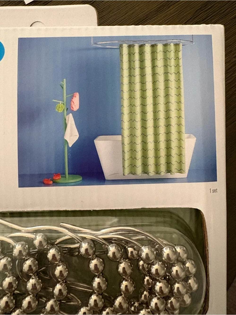 Room Essentials Light Green Waffle Shower Curtain with Blue Stripe Accents